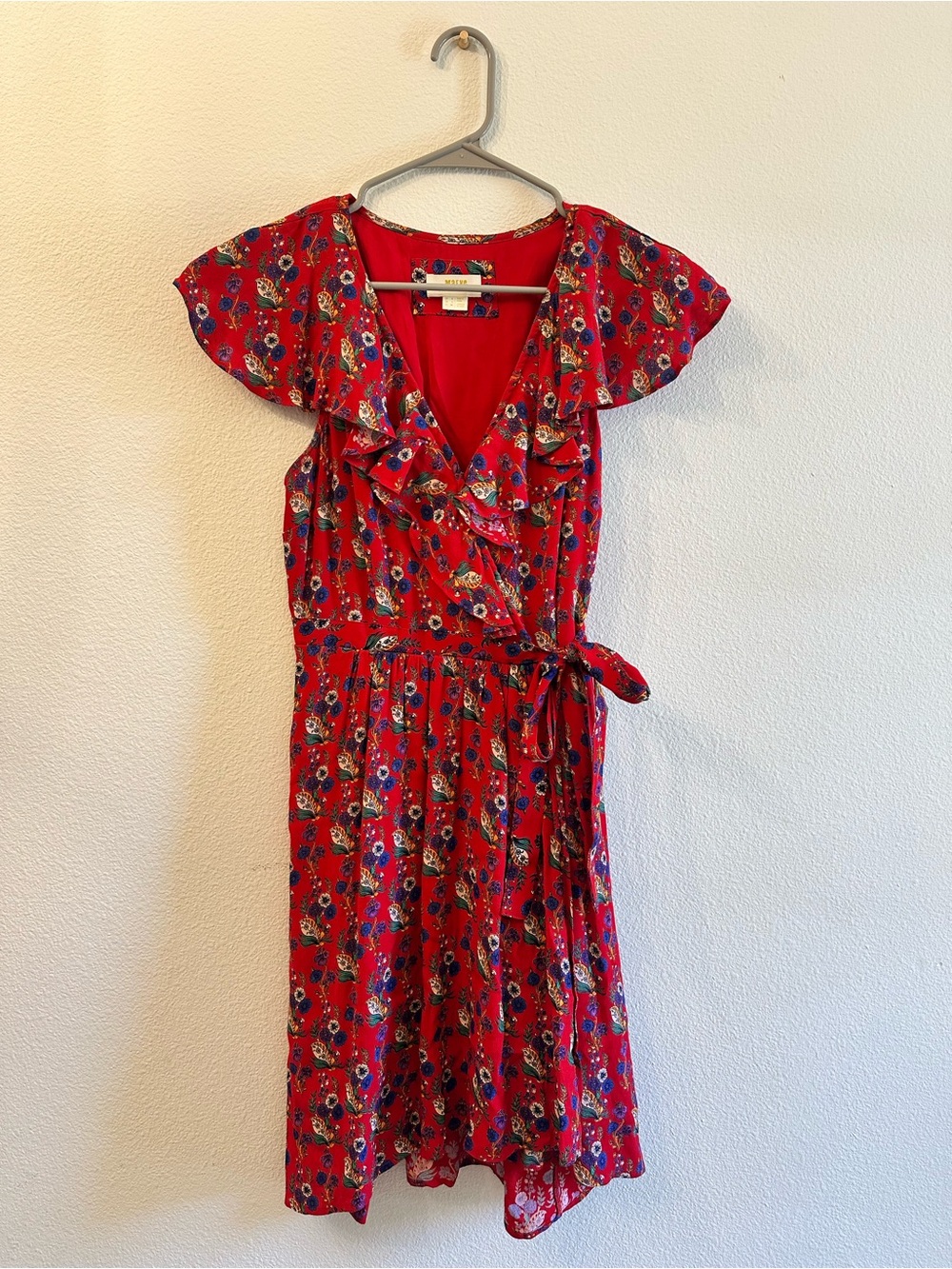 Anthropologie Red Floral Ruffle Wrap Dress